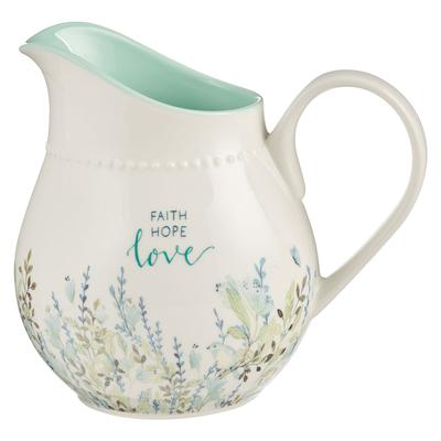 With Love Inspirational Ceramic Pitcher - Faith Hope Love Floral Teal - Dishwasher Microwave Safe - 32oz.