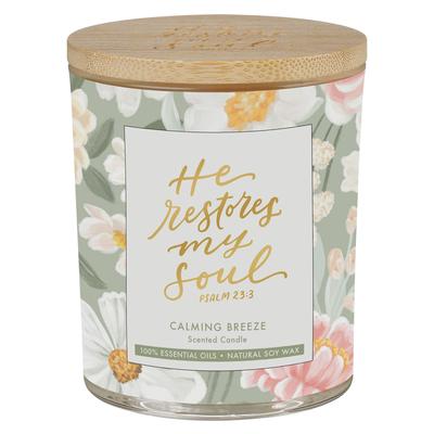 Christian Art Gifts Inspirational All Natural Soy Wax Essential Oil Infused Scented Candle in Glass Jar: He Restores My Soul Encouraging Scripture, Li
