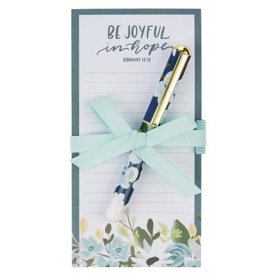 Christian Art Gifts Compact Magnetic Refrigerator Notepad & Ballpoint Pen Set for Women: Be Joyful in Hope Inspirational Scripture, Teal Floral Subscription