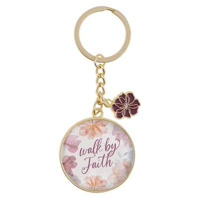 Christian Art Gifts Novelty Inspirational Scripture Split Metal Keychain for Women: Walk by Faith Encouraging Bible Verse, Flower Charm, White & Purpl
