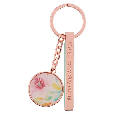 Heartfelt Women's Keychain, Make Every Day Count Floral Pink Daisies, Teal/Rose Gold Metal