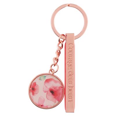 Heartfelt Women's Keychain, Courage Dear Heart Floral Coral Poppies, Rose Gold Metal