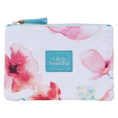 Heartfelt Multi-Purpose Zipped Pouch, Canvas Coral Poppies Life Is Beautiful