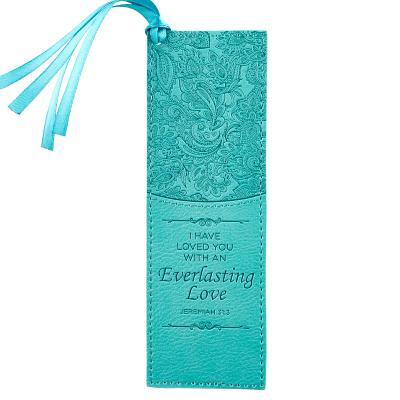 Christian Art Gifts Teal Faux Leather Bookmark Everlasting Love - Jeremiah 31:3 Bible Verse Inspirational Bookmark for Women W/Satin Ribbon Tassel