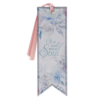 Christian Art Gifts Faux Leather Bookmark: It Is Well with My Soul Hymn, Soft Pink Floral with Satin Ribbon