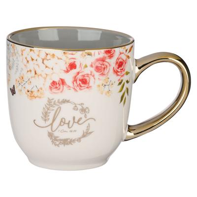 Christian Art Gifts Ceramic Coffee and Tea Mug for Women: Love - 1 Corinthians 16:14 Inspirational Bible Verse, White Golden Floral, 18 Fl. Oz.