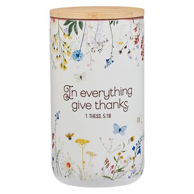 Christian Art Gifts Keepsake Count Your Blessings Ceramic Gratitude Jar Set with Bible Verse Note Cards: In Everything Give Thanks, White/Purple Flora