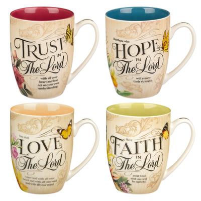 Christian Art Gifts Floral Ceramic Coffee and Tea Mug Set: Hope, Trust, Faith, Love Novelty Mug Set with Scripture - Set of Four 12 Oz. Cups, Blue/Red