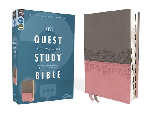 Niv, Quest Study Bible, Leathersoft, Gray/Pink, Thumb Indexed, Comfort Print: The Only Q and A Study Bible