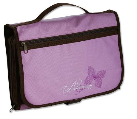 Believe Tri-Fold Bible Cover for Women, Bible Study Organizer, Velcro Closure, Nylon, Purple/Brown, Large