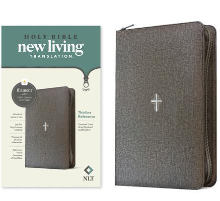 NLT Thinline Reference Zipper Bible, Filament Enabled (Leatherlike, Textured Cross Gray, Red Letter) Subscription