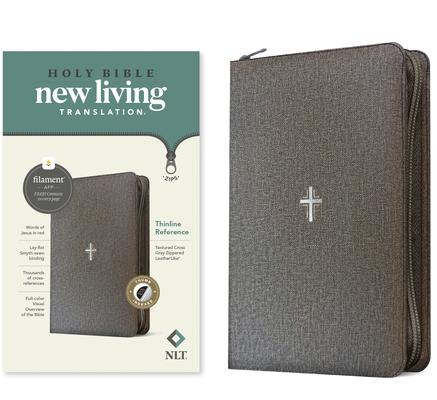 NLT Thinline Reference Zipper Bible, Filament Enabled (Leatherlike, Textured Cross Gray, Indexed, Red Letter) Subscription
