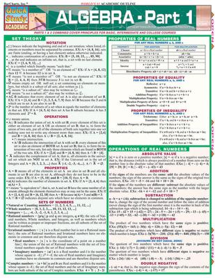 Algebra Part 1: A Quickstudy Laminated Reference Guide