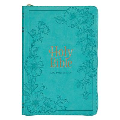 KJV Holy Bible, Thinline Large Print Faux Leather Red Letter Edition - Thumb Index & Ribbon Marker, King James Version, Teal, Zipper Closure