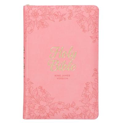 KJV Holy Bible, Standard Size Faux Leather Red Letter Edition - Thumb Index & Ribbon Marker, King James Version, Pink Floral Zipper Closure