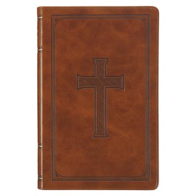 KJV Holy Bible, Standard Size Faux Leather Red Letter Edition Thumb Index, Ribbon Marker, King James Version, Honey Brown Cross Emblem