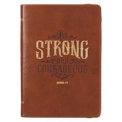 Christian Art Gifts Scripture Journal Brown Be Strong Joshua 1:9 Bible Verse Inspirational Faux Leather Notebook, Zipper Closure, 336 Ruled Pages, Rib