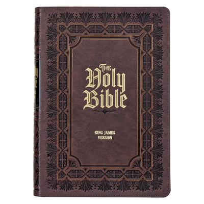 KJV Study Bible, Large Print King James Version Holy Bible, Thumb Tabs, Ribbons, Faux Leather Dark Brown Debossed