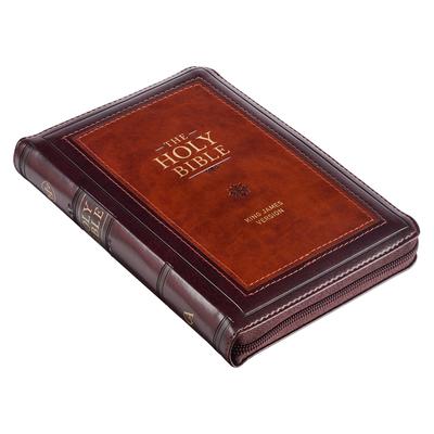 KJV Holy Bible, Compact Faux Leather Red Letter Edition - Ribbon Marker, King James Version, Burgundy/Saddle Tan, Zipper Closure