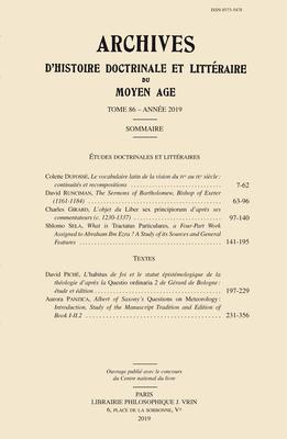 Archives d'Histoire Litteraire Et Doctrinale Du Moyen Age LXXXVI - 2019 Subscription