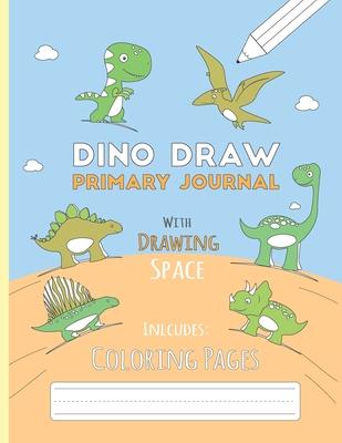 Dino Draw: Primary Journal K-2 Half Page Ruled with Dotted Middle Line and Picture Space - Grades K-2 - Cute Dino Draw Blue Paper