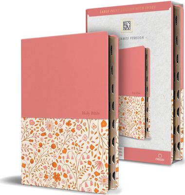 KJV Holy Bible, Large Print Handy Size Format, 2 Piece Pink Floral Leathersoft with Ribbon Marker, Red Letter, Thumb Index Subscription